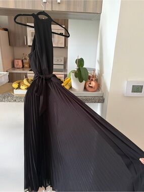 Zimmermann Black Halter Pleated Maxi Dress with Contrast Hem